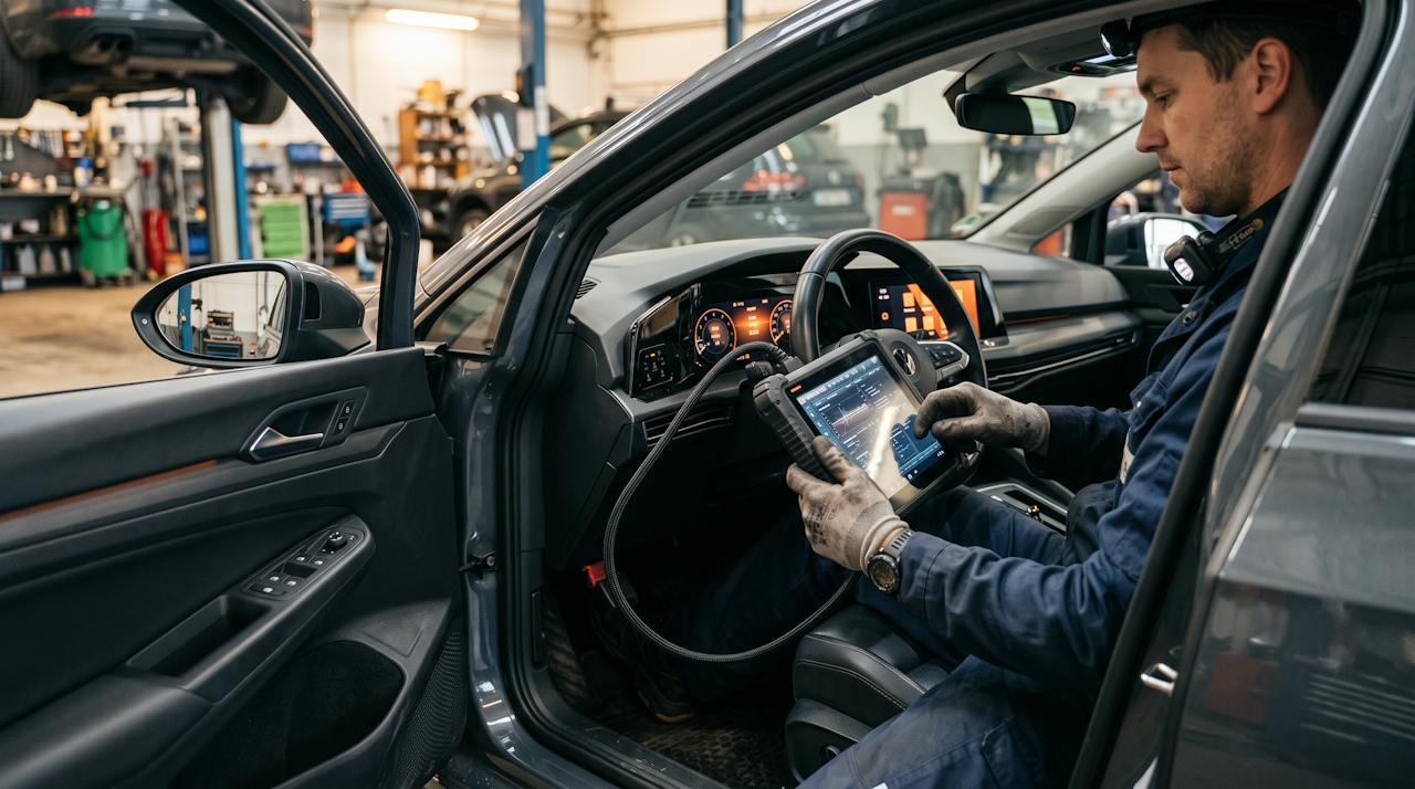 Techniker liest mit einem Diagnosegerät den Fehlerspeicher eines Fahrzeugs aus