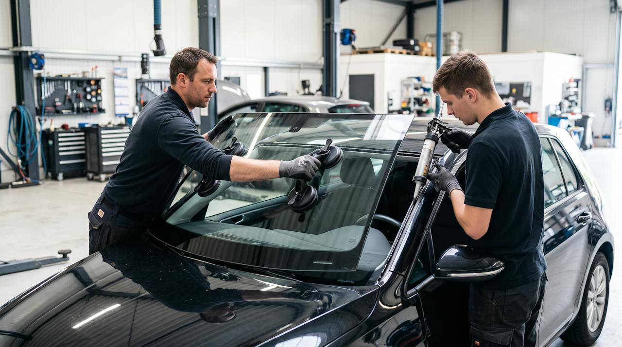 Zwei Techniker setzen mit Saughebern eine neue Frontscheibe in ein Fahrzeug ein