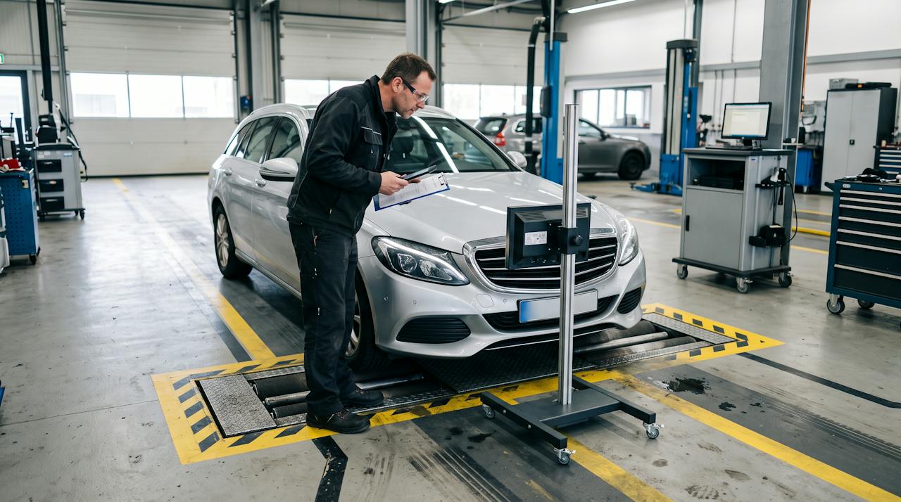 Fahrzeugprüfung auf dem Bremsenprüfstand mit Scheinwerfer-Einstellgerät