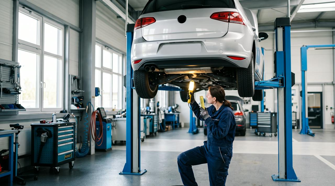Mechanikerin prüft den Unterboden eines Fahrzeugs auf der Hebebühne