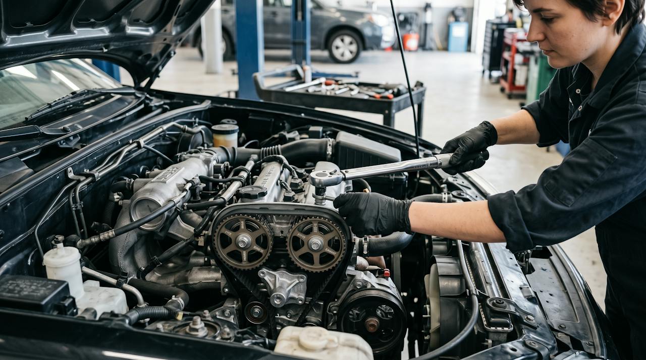 Mechaniker arbeitet mit dem Drehmomentschlüssel am geöffneten Zahnriementrieb eines Vierzylindermotors